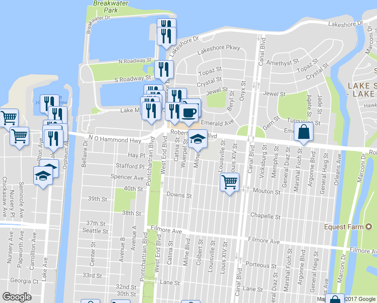 map of restaurants, bars, coffee shops, grocery stores, and more near 7010 Milne Boulevard in New Orleans