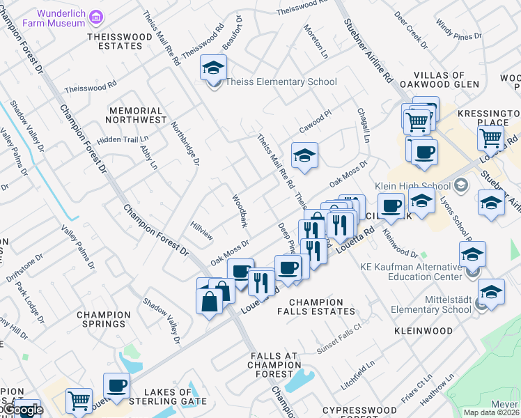 map of restaurants, bars, coffee shops, grocery stores, and more near 8006 Oak Moss Drive in Spring