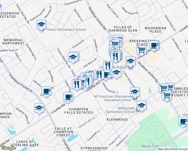 map of restaurants, bars, coffee shops, grocery stores, and more near in Klein