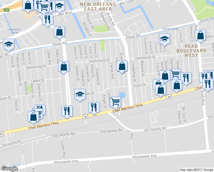 map of restaurants, bars, coffee shops, grocery stores, and more near 4565 Camelot Drive in New Orleans