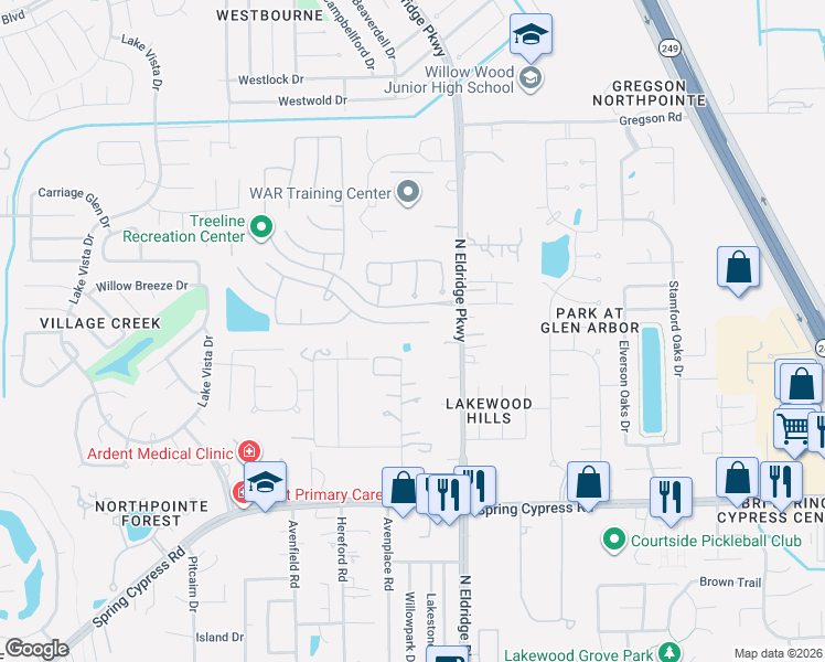 map of restaurants, bars, coffee shops, grocery stores, and more near 12015 Rampy Green Drive in Tomball