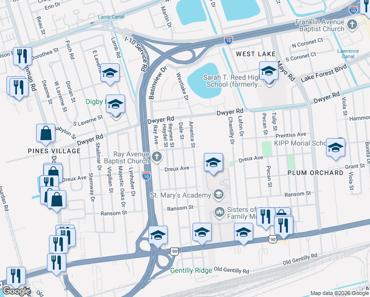 map of restaurants, bars, coffee shops, grocery stores, and more near 4634 Dale Street in New Orleans