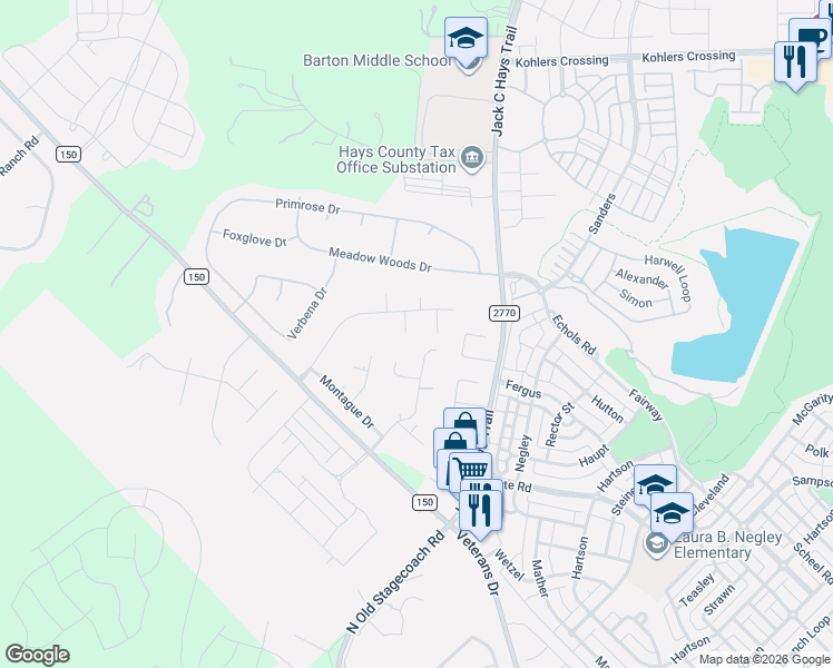 map of restaurants, bars, coffee shops, grocery stores, and more near 409 Rocking M Road in Kyle