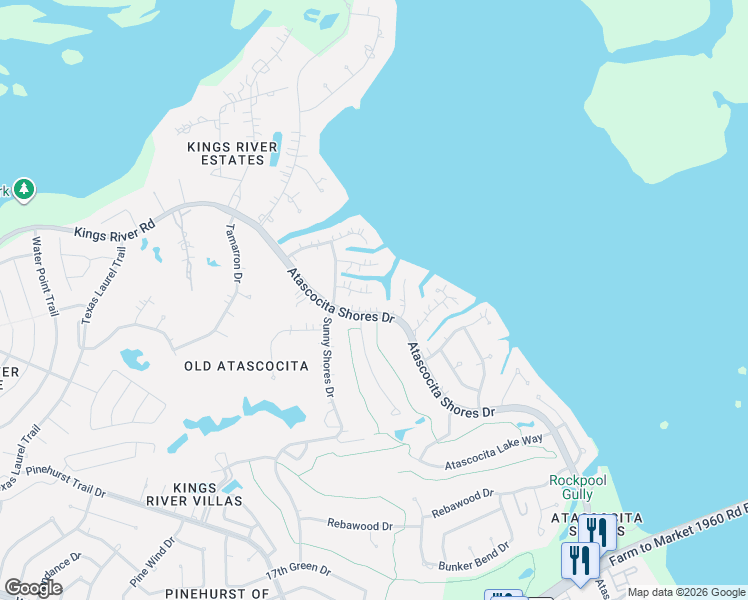 map of restaurants, bars, coffee shops, grocery stores, and more near 20531 Atascocita Shores Drive in Humble