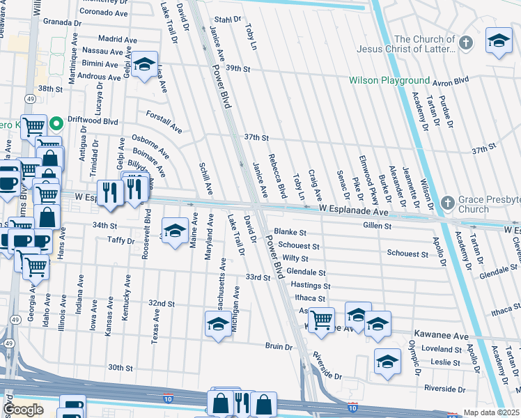 map of restaurants, bars, coffee shops, grocery stores, and more near W Esplanade Ave & Power Blvd in Metairie