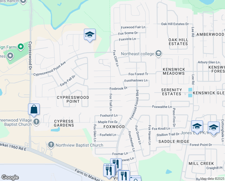 map of restaurants, bars, coffee shops, grocery stores, and more near 7002 Foxbrook Drive in Humble