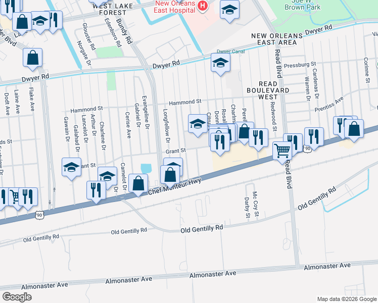 map of restaurants, bars, coffee shops, grocery stores, and more near 4550 Hickerson Street in New Orleans