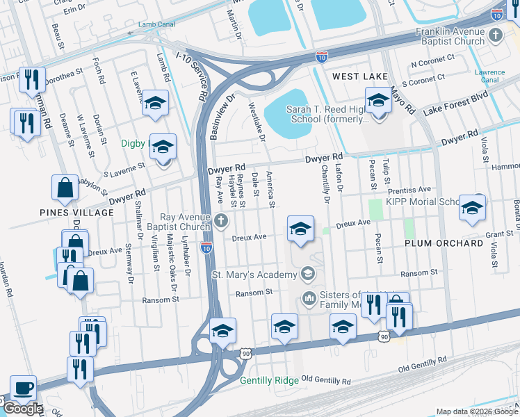 map of restaurants, bars, coffee shops, grocery stores, and more near 4634 Dale Street in New Orleans