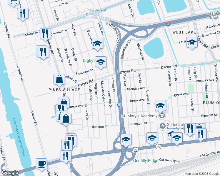 map of restaurants, bars, coffee shops, grocery stores, and more near 4751 Lynhuber Drive in New Orleans