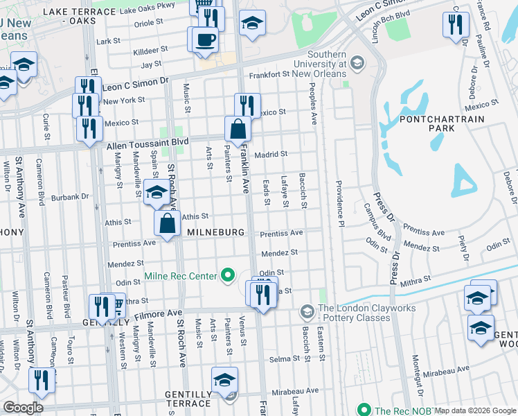 map of restaurants, bars, coffee shops, grocery stores, and more near 5729 Franklin Avenue in New Orleans