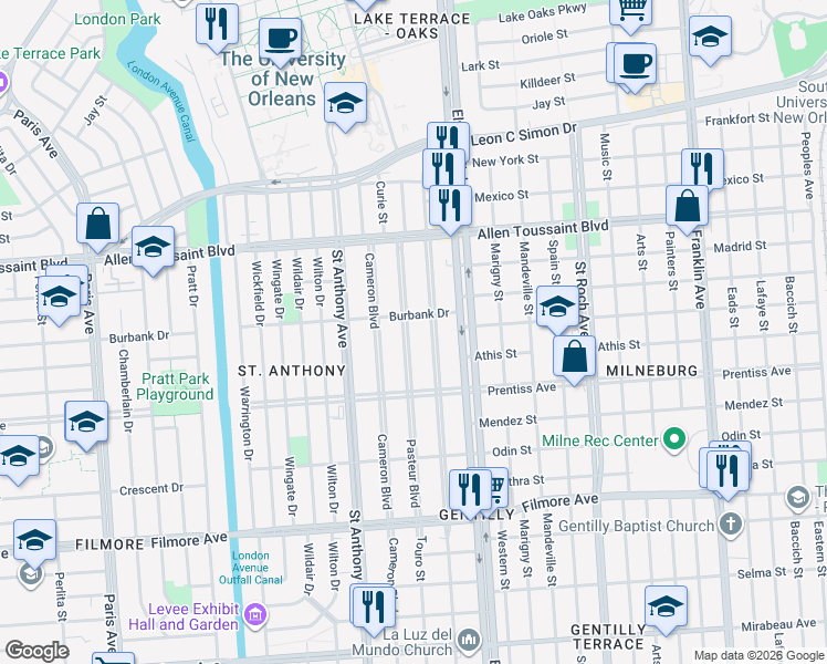 map of restaurants, bars, coffee shops, grocery stores, and more near 5741 Pasteur Boulevard in New Orleans