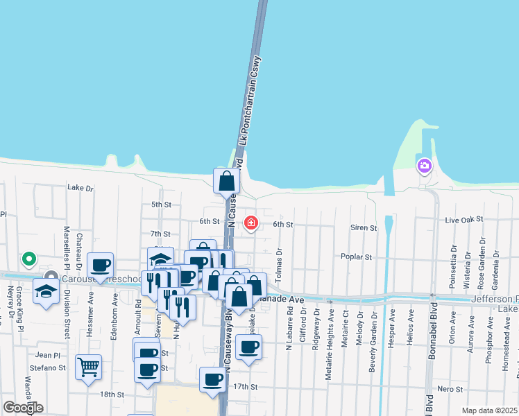 map of restaurants, bars, coffee shops, grocery stores, and more near 3837 Ridgelake Drive in Metairie