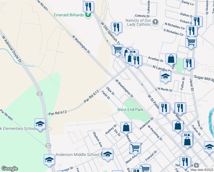 map of restaurants, bars, coffee shops, grocery stores, and more near 1234 Field Street in New Iberia