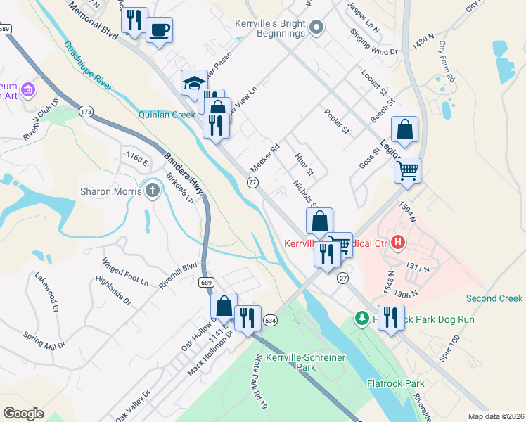 map of restaurants, bars, coffee shops, grocery stores, and more near 2901-3107 Riverside Dr in Kerrville