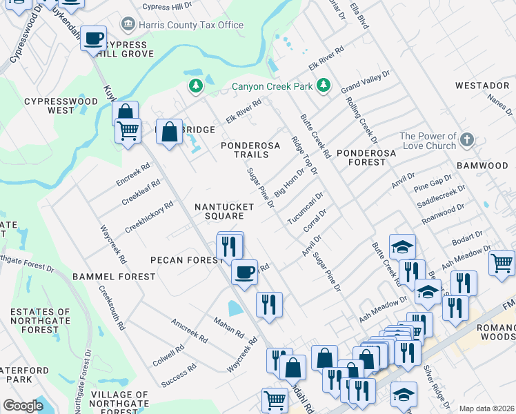 map of restaurants, bars, coffee shops, grocery stores, and more near 2404 Big Horn Drive in Houston