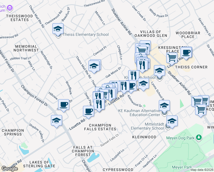 map of restaurants, bars, coffee shops, grocery stores, and more near 16906 Castleton Farms Road in Spring