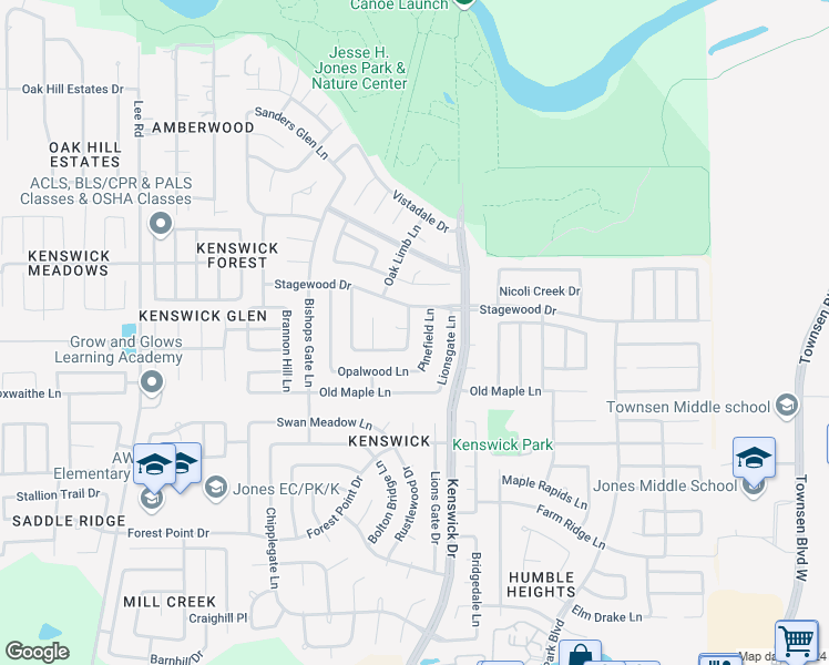 map of restaurants, bars, coffee shops, grocery stores, and more near 20418 Rustwood Lane in Humble