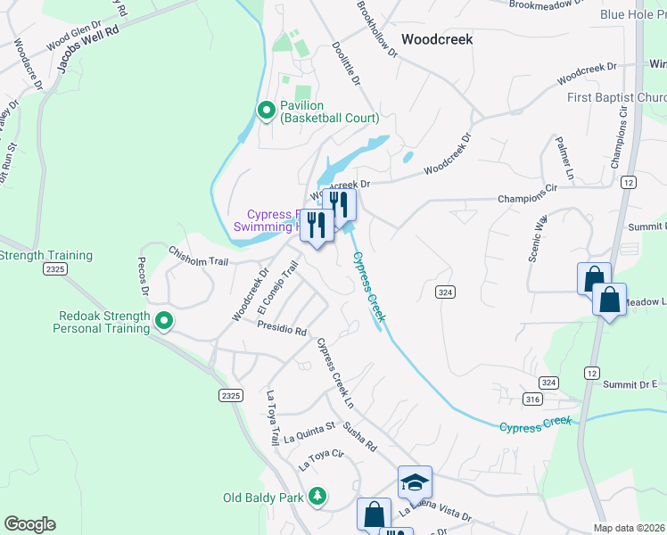 map of restaurants, bars, coffee shops, grocery stores, and more near 5 Presidio Road in Wimberley