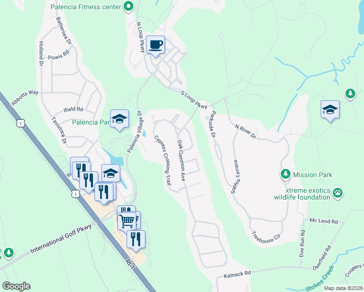 map of restaurants, bars, coffee shops, grocery stores, and more near 171 Oak Common Avenue in St. Augustine