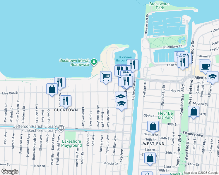 map of restaurants, bars, coffee shops, grocery stores, and more near 400 Metairie-Hammond Highway in Metairie