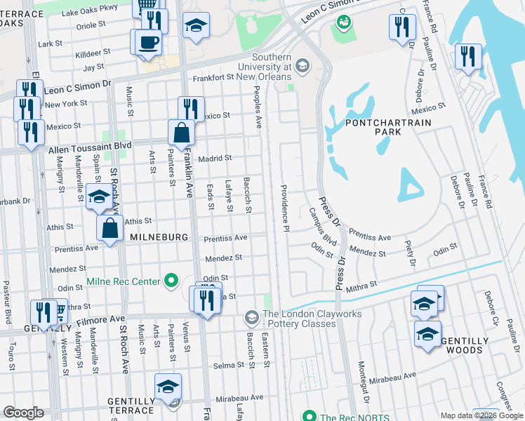 map of restaurants, bars, coffee shops, grocery stores, and more near 2740 Pressburg Street in New Orleans
