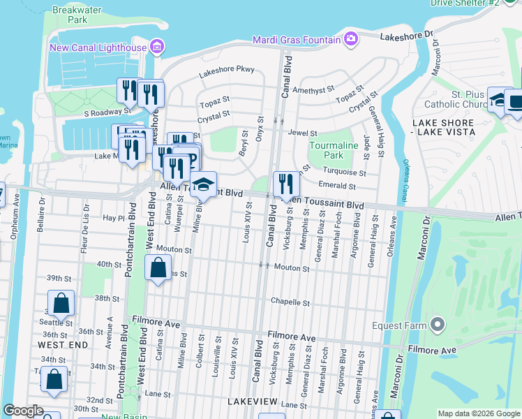 map of restaurants, bars, coffee shops, grocery stores, and more near 680 Allen Toussaint Boulevard in New Orleans