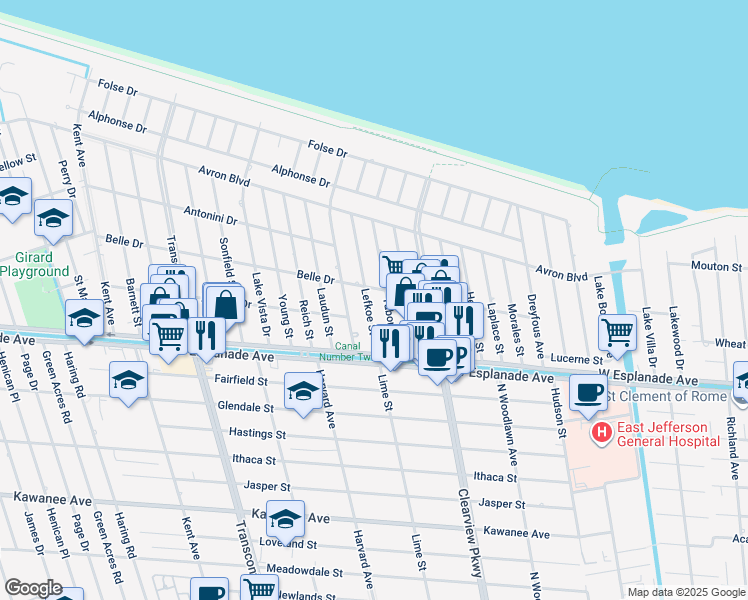 map of restaurants, bars, coffee shops, grocery stores, and more near 4701 Belle Drive in Metairie