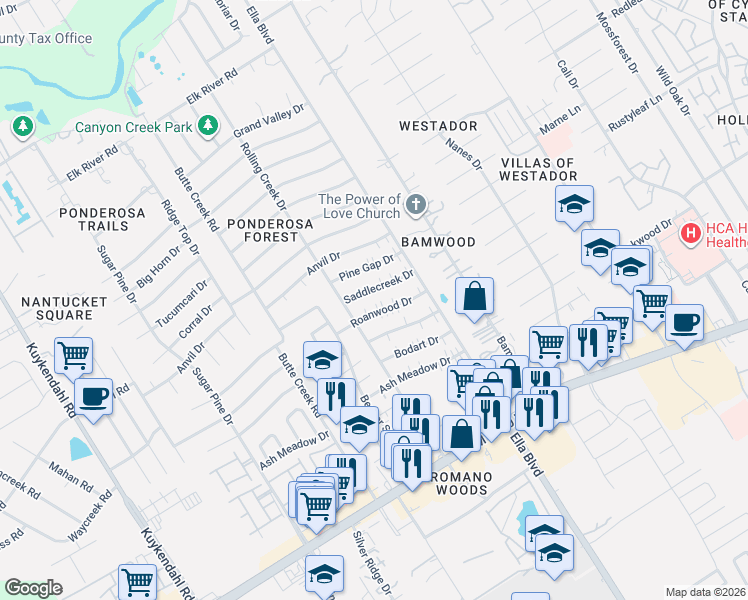 map of restaurants, bars, coffee shops, grocery stores, and more near 1515 Pine Gap Drive in Houston