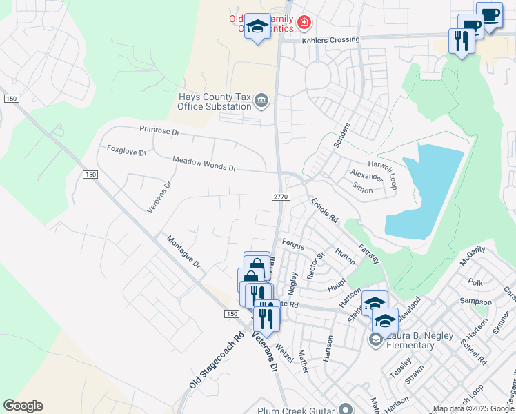 map of restaurants, bars, coffee shops, grocery stores, and more near 101 Ina Court in Kyle