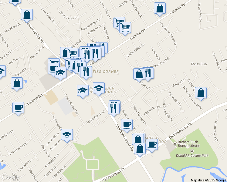 map of restaurants, bars, coffee shops, grocery stores, and more near 6923 Worcester Drive in Spring