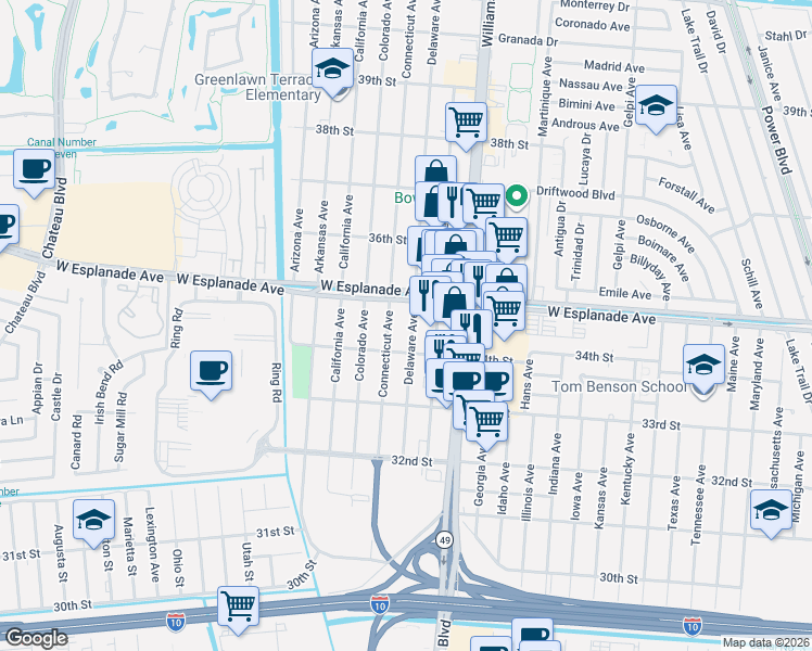 map of restaurants, bars, coffee shops, grocery stores, and more near 3435 Delaware Avenue in Kenner