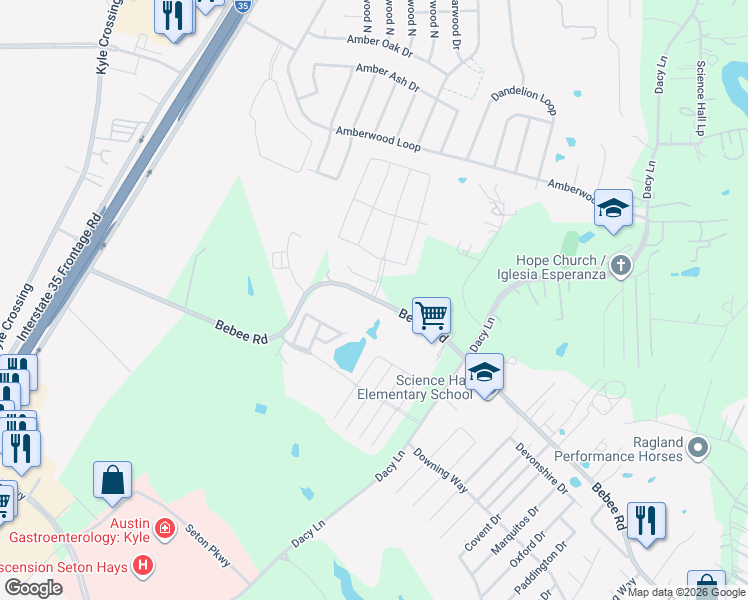 map of restaurants, bars, coffee shops, grocery stores, and more near 882 Bebee Road in Kyle