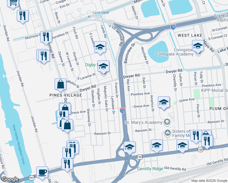 map of restaurants, bars, coffee shops, grocery stores, and more near 4849 Lynhuber Drive in New Orleans