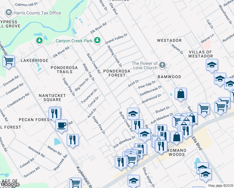 map of restaurants, bars, coffee shops, grocery stores, and more near 1702 Anvil Drive in Houston