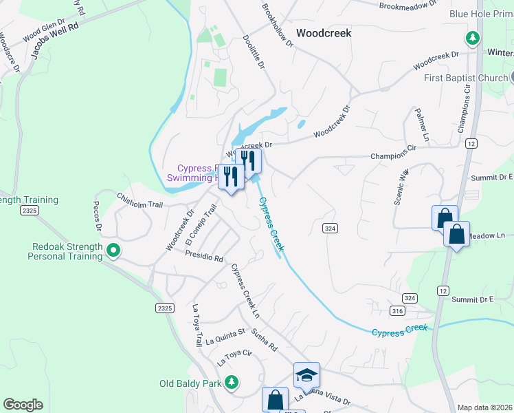 map of restaurants, bars, coffee shops, grocery stores, and more near 12 Tremont Trce in Wimberley
