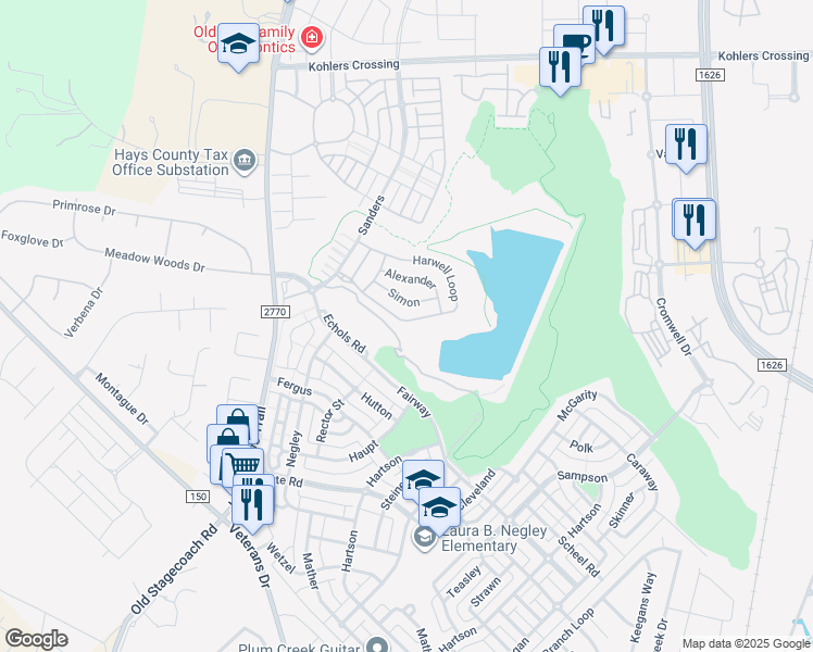 map of restaurants, bars, coffee shops, grocery stores, and more near 207 Simon in Kyle