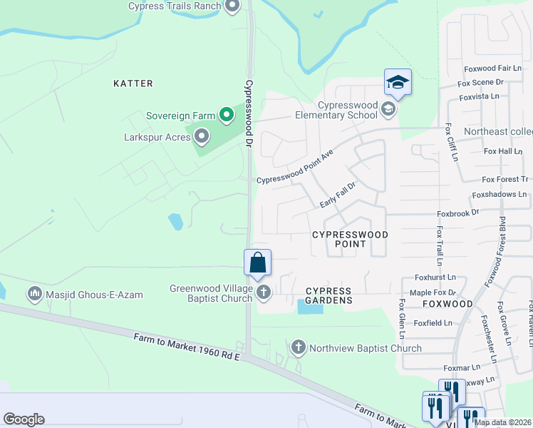 map of restaurants, bars, coffee shops, grocery stores, and more near 20719 Falling Cypress Court in Humble