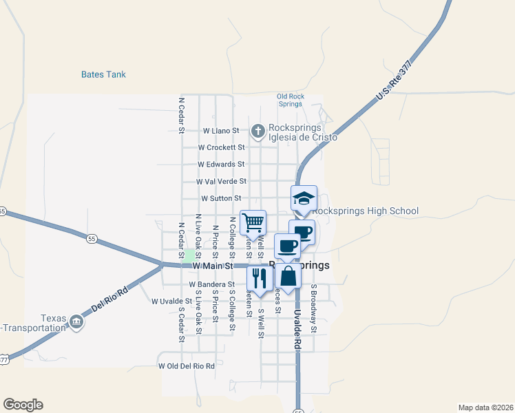map of restaurants, bars, coffee shops, grocery stores, and more near 411 North Well Street in Rocksprings