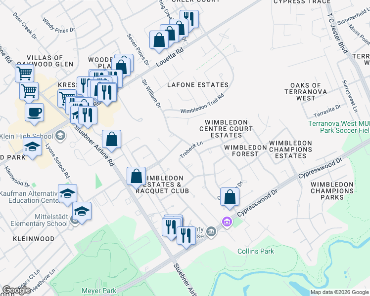 map of restaurants, bars, coffee shops, grocery stores, and more near 6703 Wimbledon Estates Drive in Spring