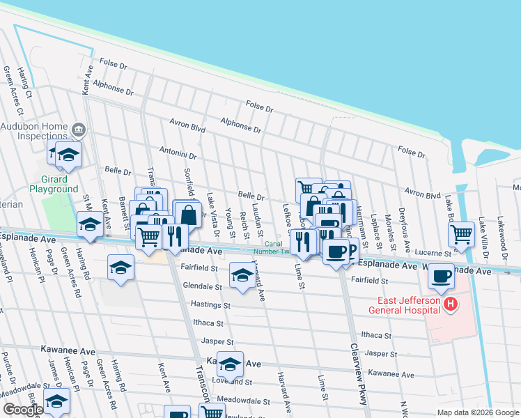 map of restaurants, bars, coffee shops, grocery stores, and more near 4804 Belle Drive in Metairie