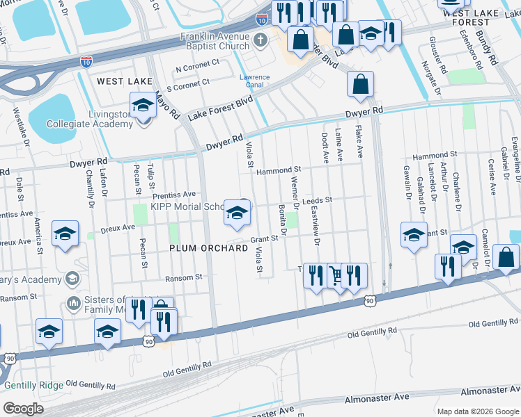 map of restaurants, bars, coffee shops, grocery stores, and more near 4675 Viola Street in New Orleans