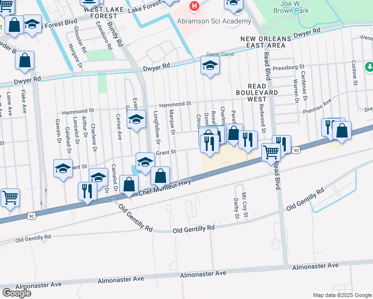 map of restaurants, bars, coffee shops, grocery stores, and more near 9501 Grant Street in New Orleans