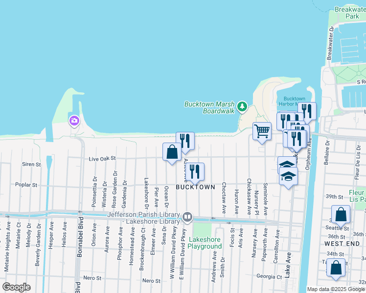 map of restaurants, bars, coffee shops, grocery stores, and more near 1519 Sylvia Avenue in Metairie
