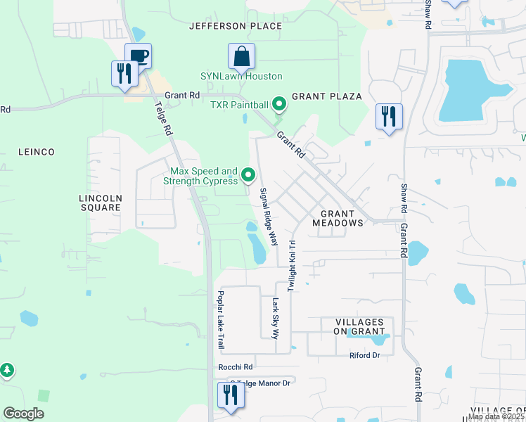 map of restaurants, bars, coffee shops, grocery stores, and more near 15402 Signal Ridge Way in Cypress