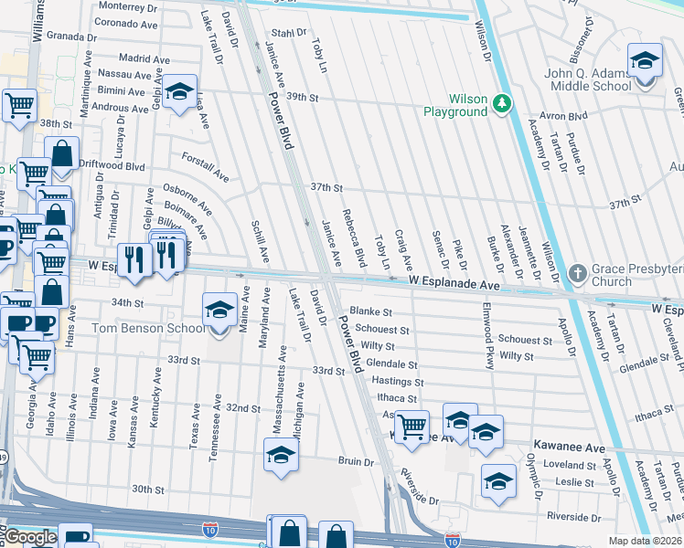 map of restaurants, bars, coffee shops, grocery stores, and more near 4412 Rebecca Boulevard in Metairie