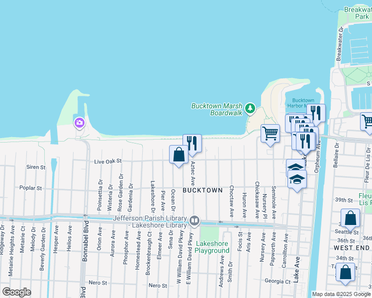 map of restaurants, bars, coffee shops, grocery stores, and more near 1519 Sylvia Avenue in Metairie