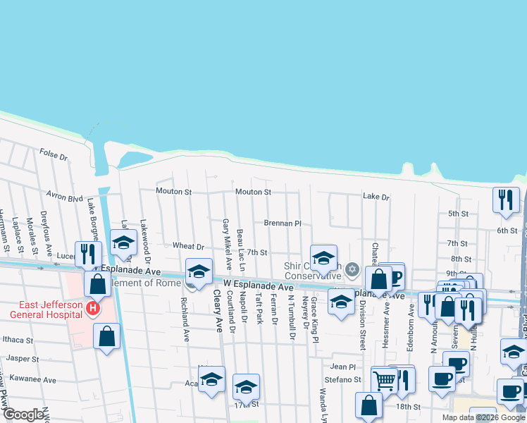 map of restaurants, bars, coffee shops, grocery stores, and more near 4728 Southshore Drive in Metairie