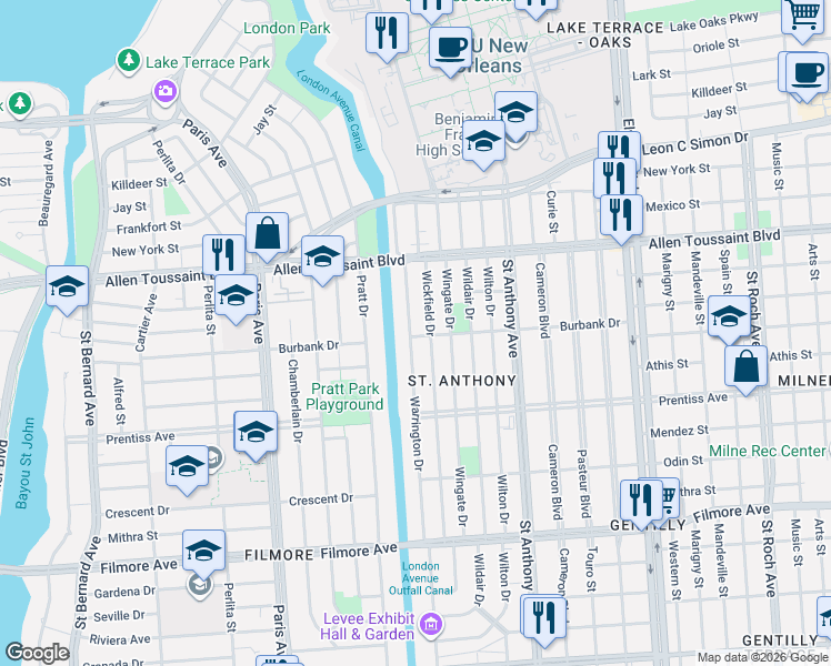 map of restaurants, bars, coffee shops, grocery stores, and more near 6016 Wickfield Drive in New Orleans