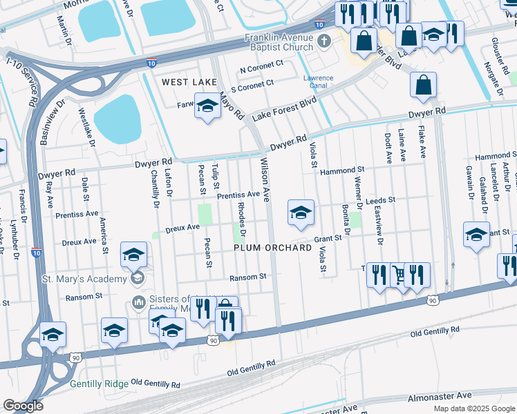 map of restaurants, bars, coffee shops, grocery stores, and more near 4755 Rosemont Place in New Orleans