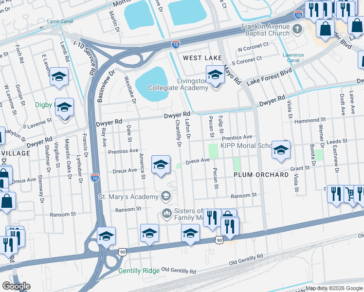 map of restaurants, bars, coffee shops, grocery stores, and more near 4881 Chantilly Drive in New Orleans